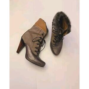 Hispanitas Women's Brown Leather ODETTE Ankle Boots With Fur Trim Size 41/10 US